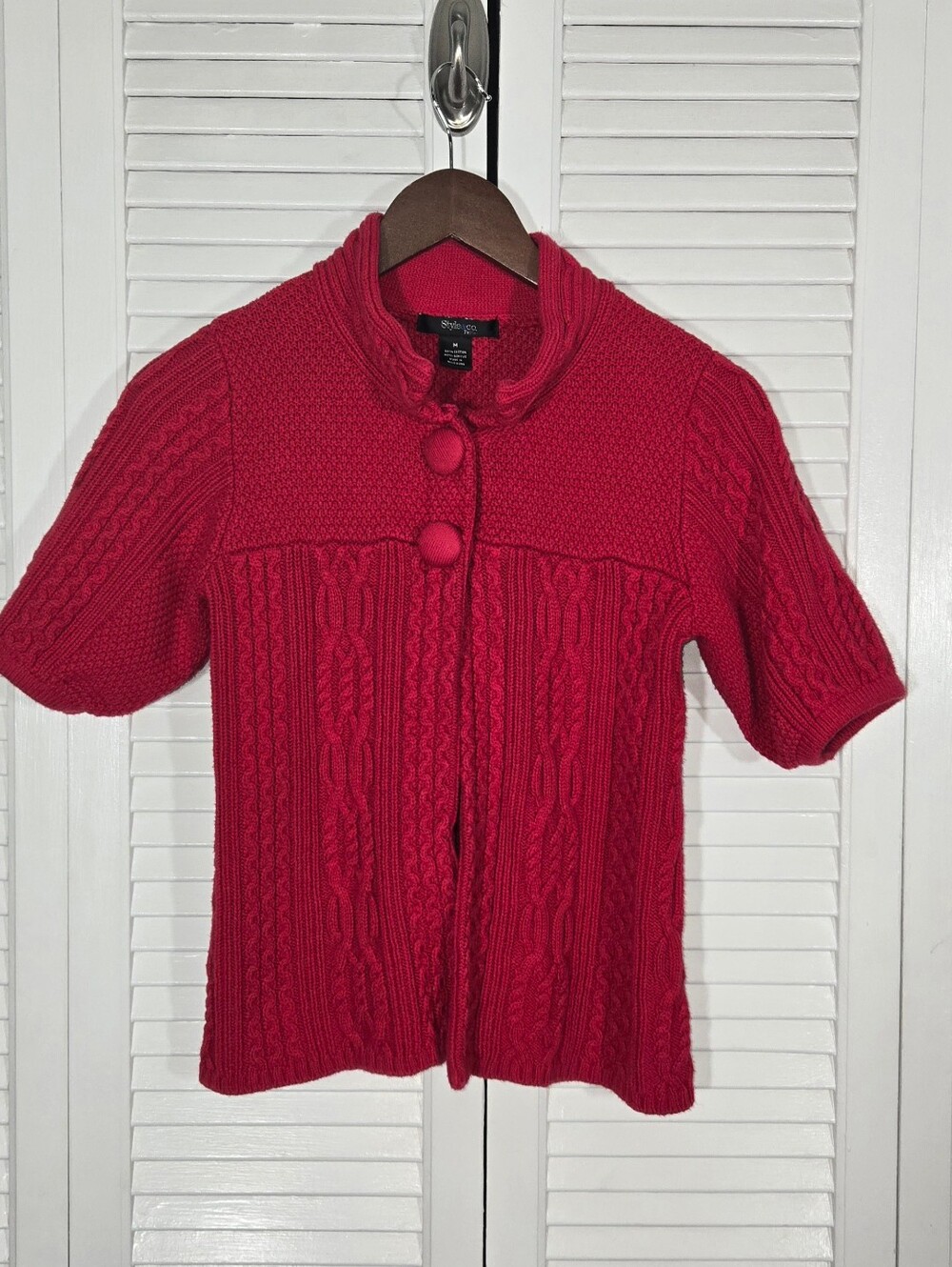 Style&Co Red Short Sleeve Mock Neck Button Detail Cable Knit Sweater Sz MP